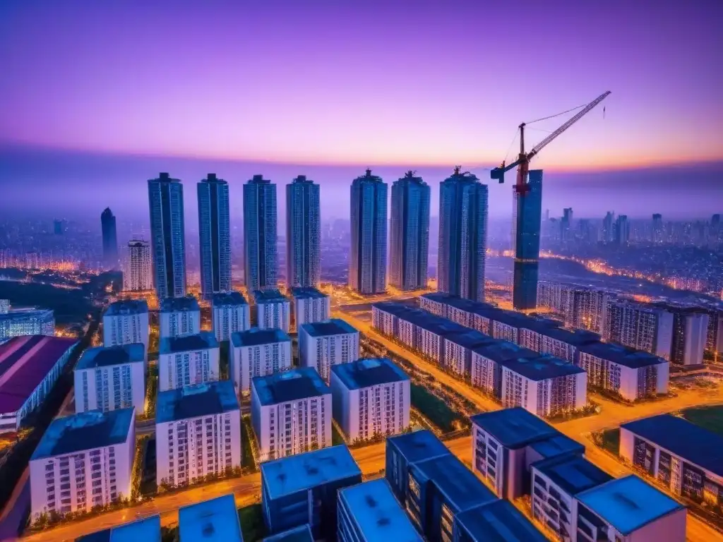 Horizonte urbano al atardecer: crecimiento y oportunidad en la ciudad Una ciudad moderna al anochecer, con rascacielos iluminados y grúas en el horizonte