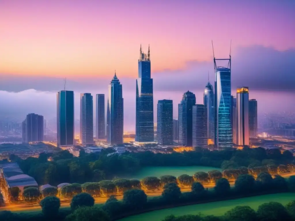 Skyline urbano al atardecer: colaboración e innovación en el sector inmobiliario Una ciudad moderna al anochecer, con rascacielos iluminados y profesionales debatiendo sobre la nueva ley arrendamientos impacto inversiones