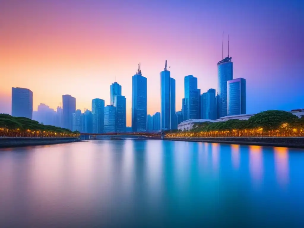 Horizonte urbano moderno: luces y éxito financiero Una ciudad moderna al anochecer, con rascacielos iluminados y reflejados en un río tranquilo