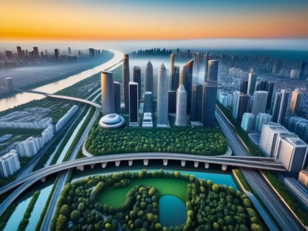 Horizonte urbano moderno: arquitectura, naturaleza y progreso Una ciudad moderna con rascacielos reflejando el sol, rodeada de vegetación y río, en armonía con la naturaleza