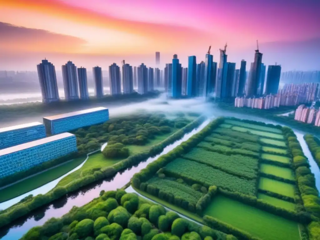 Armonía urbana y natural al atardecer: ciudad moderna y biodiversidad Una ciudad moderna y vibrante al atardecer, armonizando urbanización y biodiversidad: estrategias armoniosas