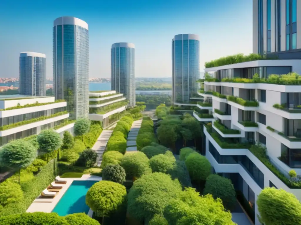 Metrópolis verde: vista aérea de alta densidad y lujo Una ciudad moderna y vibrante con propiedades multifamiliares de lujo, rodeadas de vegetación
