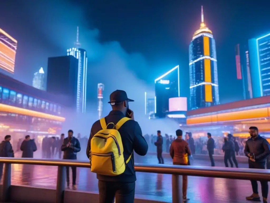 Vibrante ciudad nocturna: conectividad y tecnología en acción Una ciudad nocturna llena de vida y luces neón, con gente diversa conectada en sus dispositivos