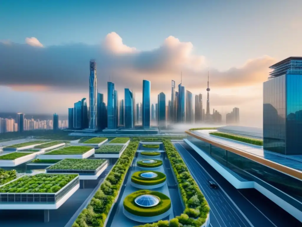 Cityscape ecoinnovador: armonía futurista y sostenible Una ciudad futurista ecológica con rascacielos innovadores y espacios verdes, promoviendo la inversión inmobiliaria sin contaminación