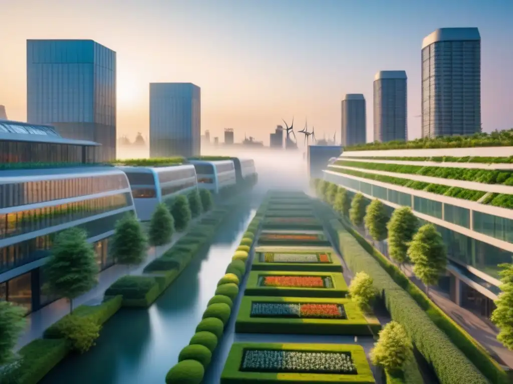 Metrópolis sostenible: visión 8k futurista y ecodiseño Una ciudad sostenible con arquitectura innovadora y naturaleza en armonía al atardecer