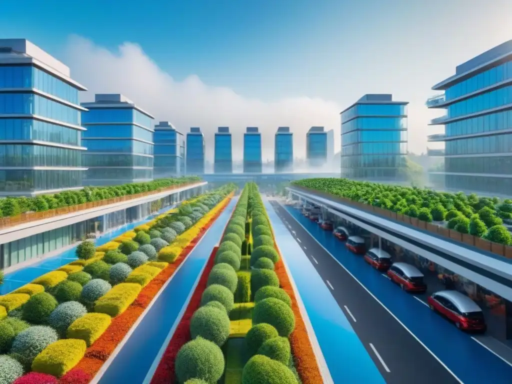 Desarrollo urbano sostenible: arquitectura moderna y verde en acción Una ciudad sostenible con edificios modernos, paneles solares, jardines en azoteas, ciclistas y autos eléctricos, rodeada de naturaleza