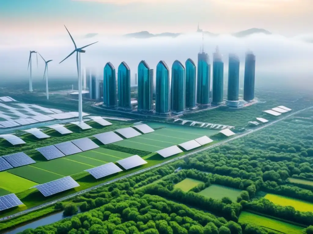Metrópolis eco sostenible: armonía urbana verde Una ciudad sostenible llena de edificios ecofriendly, paneles solares y turbinas eólicas