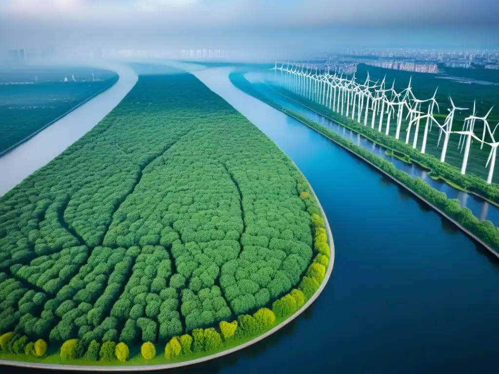 Metrópolis sostenible: armonía entre ciudad y naturaleza Ciudad futurista sostenible con techos verdes y paneles solares, integrando naturaleza y modernidad