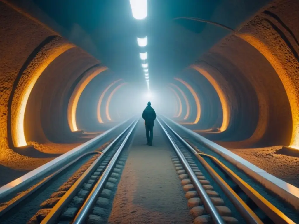 Metrópolis subterránea: ingeniería y futurismo en acción Maravillosa ilustración de una ciudad subterránea con túneles, sistemas de drenaje y trabajadores