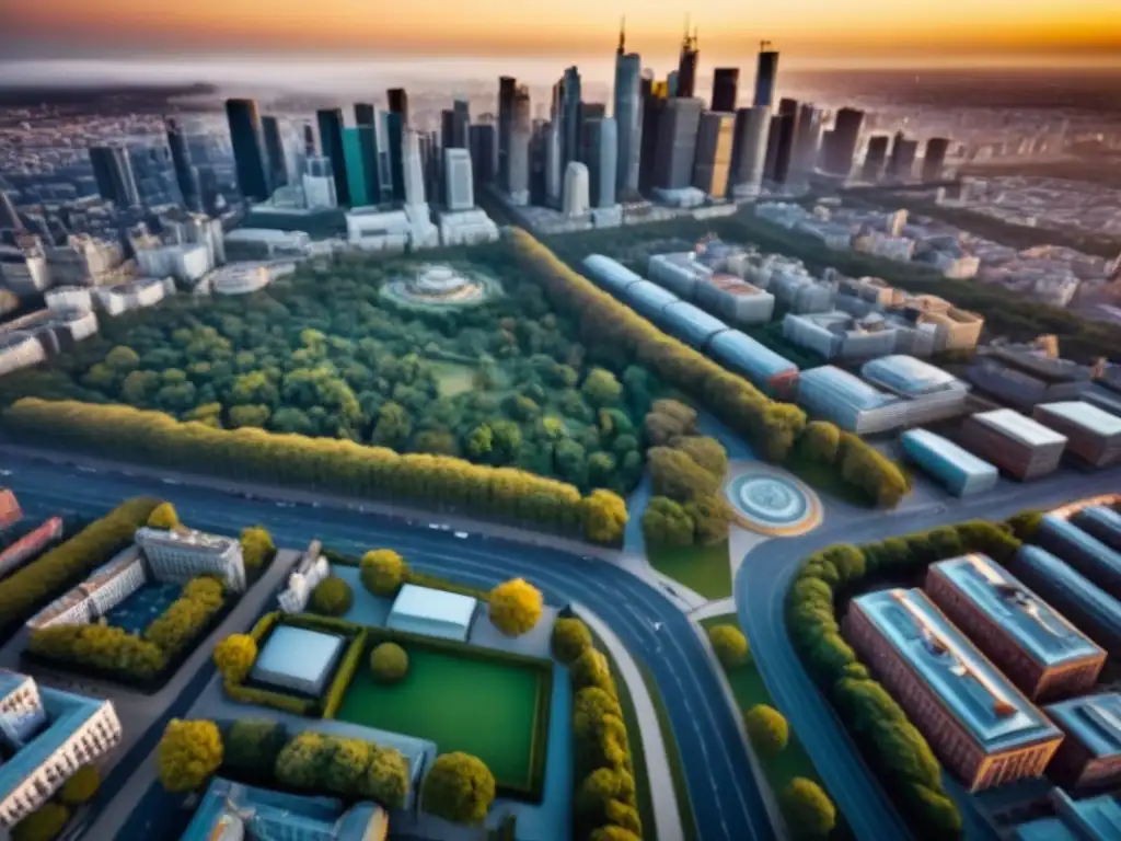 Paisaje urbano al atardecer: fusión de modernidad y historia Una ciudad vibrante al atardecer muestra una armoniosa mezcla de rascacielos modernos y edificios históricos, reflejando la planificación urbana con leyes urbanísticas desarrollo inmobiliario