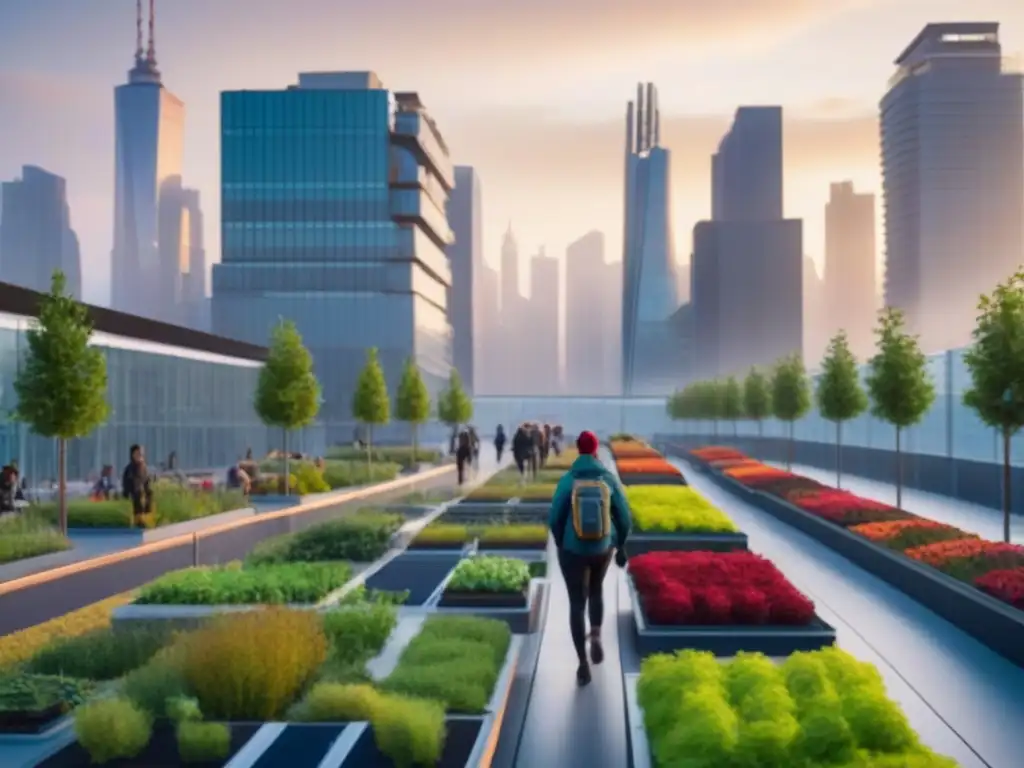 Desarrollo urbano sostenible: comunidad vibrante en armonía Una ciudad vibrante al anochecer con desarrollos urbanos sostenibles estrategias, espacios verdes y arquitectura moderna integrada armoniosamente