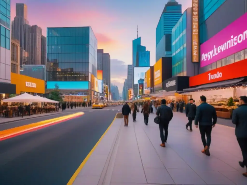 Centro Comercial Vibrante al Anochecer: Modernidad y Vida Urbana Una ciudad vibrante al anochecer, con un distrito comercial moderno iluminado por luces coloridas