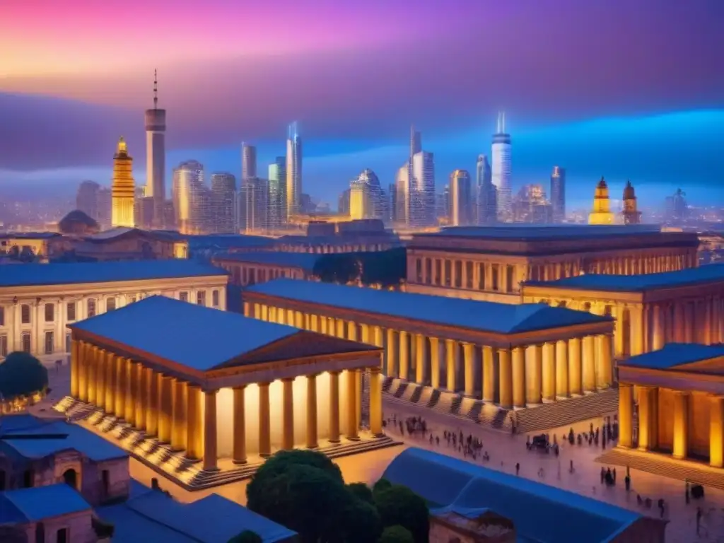 Ruinas históricas y metrópolis futurista: armonía urbana Una ciudad vibrante que fusiona la historia con la modernidad, reflejando la coexistencia armoniosa entre pasado y presente en un bullicioso metrópoli