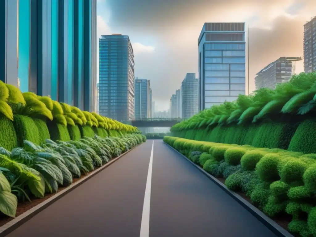 Metrópolis verde: diseño urbano fusionado con naturaleza en 8k Una ciudad vibrante se fusiona con la naturaleza, ilustrando los beneficios del diseño biofílico en espacios urbanos