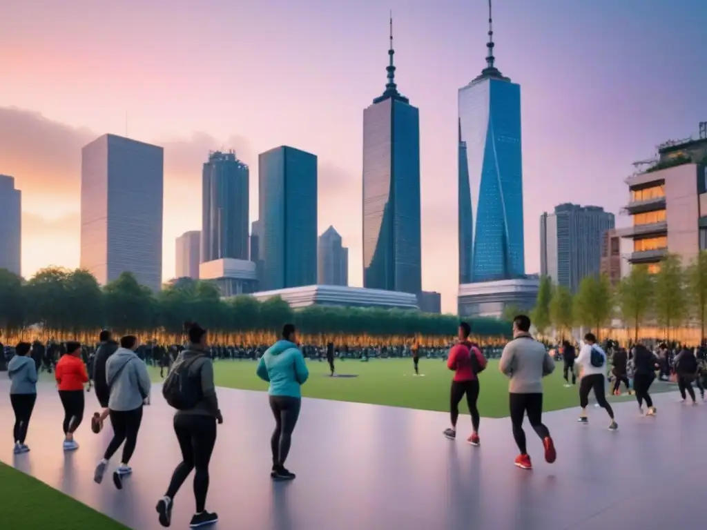 Metrópolis vibrante: armonía entre ciudad y bienestar público Una ciudad vibrante al anochecer, con rascacielos iluminados y un parque urbano lleno de gente realizando actividades recreativas