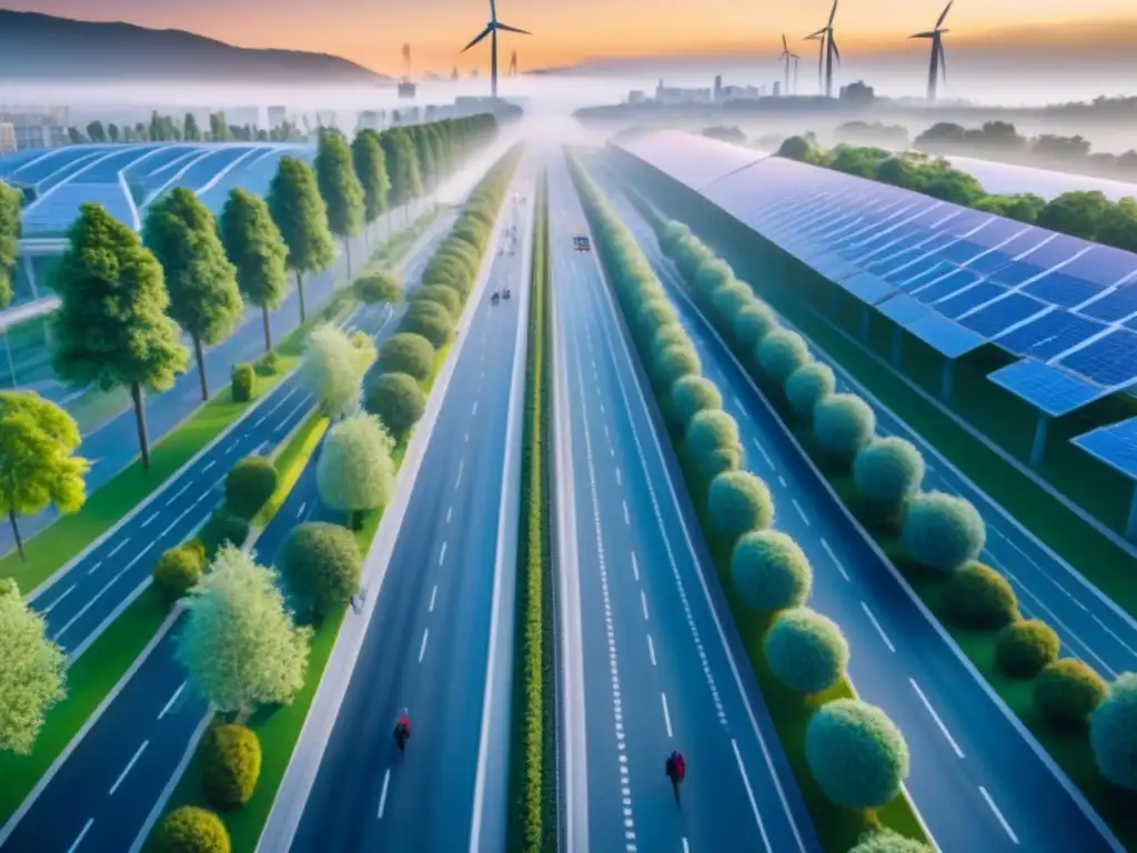 Metrópolis sostenible al amanecer: armonía entre naturaleza y tecnología Una ciudad vibrante al amanecer, con rascacielos modernos, parques verdes y transporte público eficiente