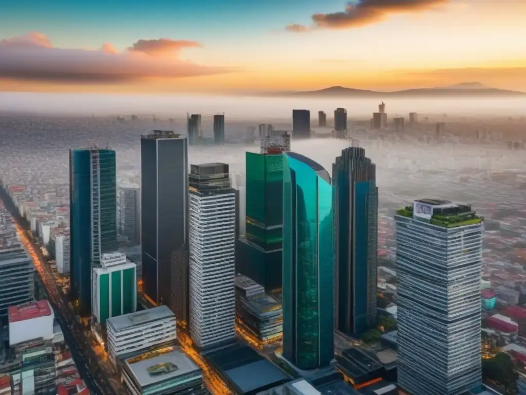 Vibrante mercado inmobiliario en Ciudad de México: impacto de cambios políticos en la imagen de una metrópolis en crecimiento Una ciudad vibrante con rascacielos modernos y profesionales debatiendo, reflejando el impacto de cambios políticos en el mercado inmobiliario
