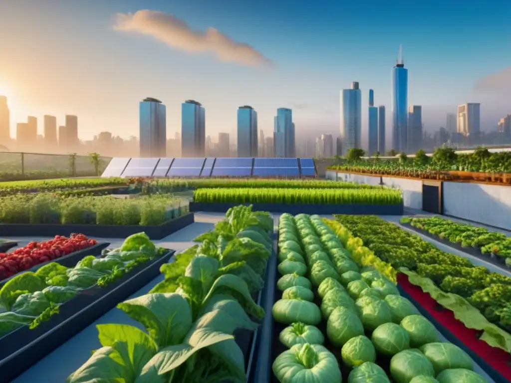 Metrópolis sostenible: cultivos urbanos y tecnología verde Una ciudad vibrante con rascacielos rodeados de huertos urbanos
