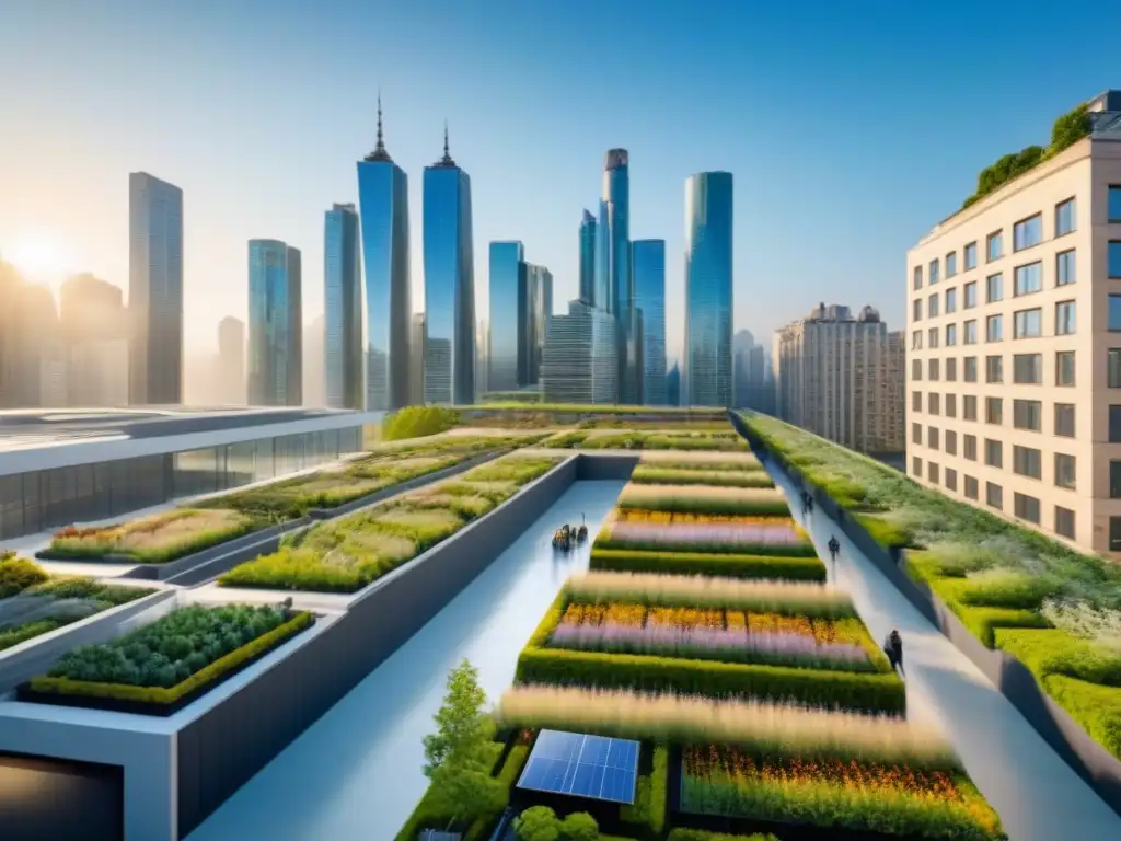 Metrópolis sostenible: arquitectura innovadora en armonía con la naturaleza Una ciudad vibrante con rascacielos verdes y paneles solares, simbolizando la conservación de edificios ante el cambio climático