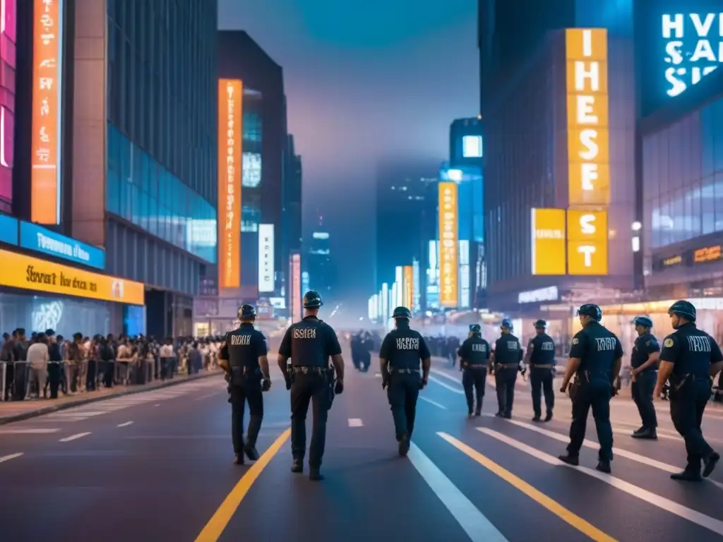 Escena nocturna urbana: diversidad, seguridad y modernidad Una ciudad vibrante y segura de noche, con luces y gente diversa caminando por las calles