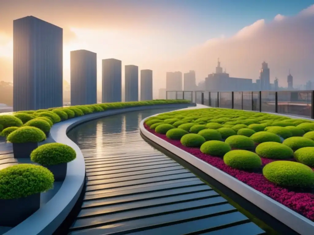 Horizonte urbano sostenible en armonía con la naturaleza Una ciudad vibrante con techos verdes interconectados, integrando naturaleza y sostenibilidad