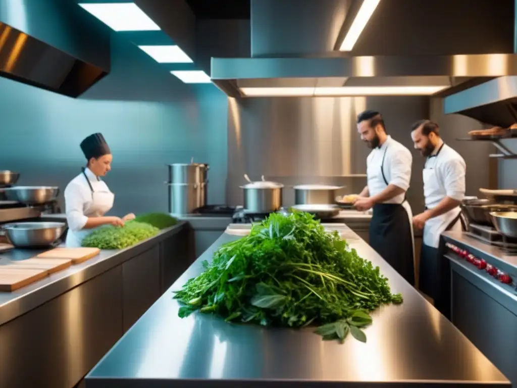 Cocina ecofriendly: innovación culinaria sostenible Cocina ecoamigable con chefs innovando técnicas ecoamigables en restauración
