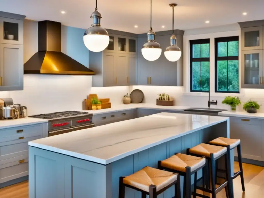Renovación de cocina moderna: lujo y elegancia en 8k Renovación de cocina de lujo con encimeras de mármol, electrodomésticos de acero inoxidable y elegante iluminación colgante