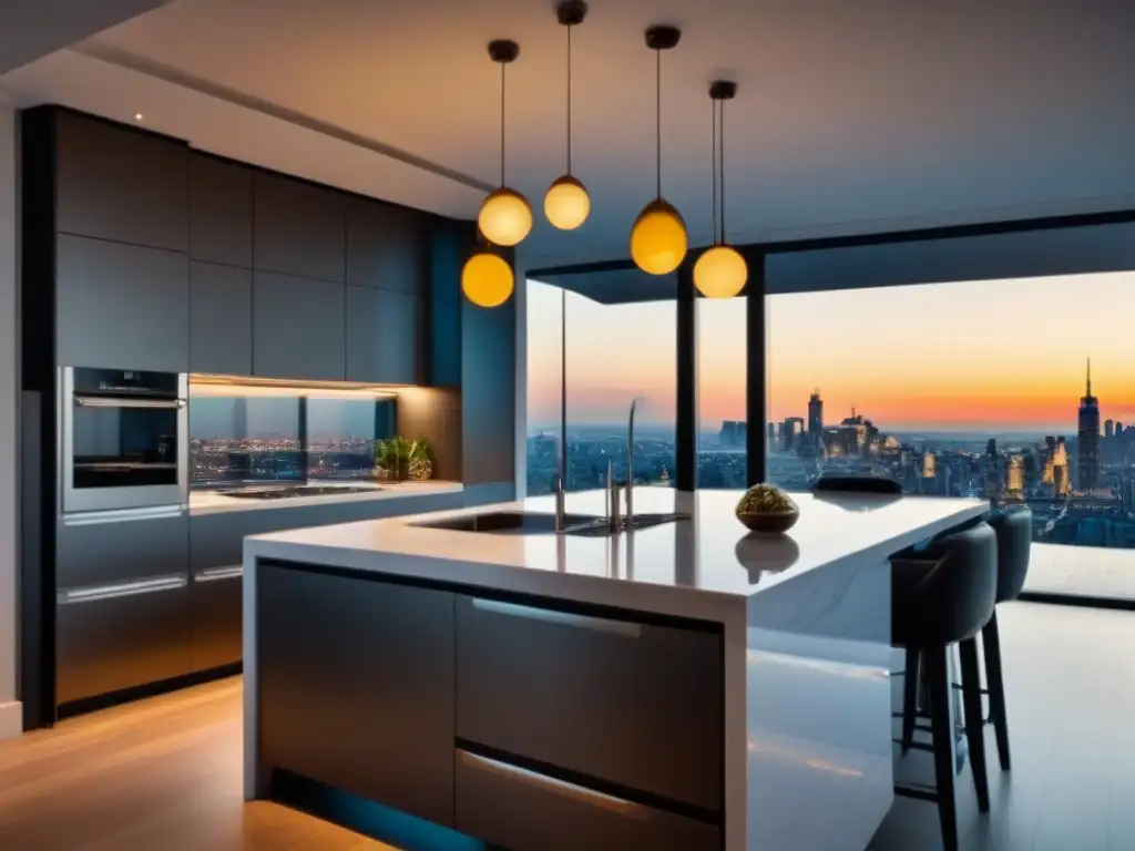 Cocina de lujo con vistas a la ciudad al anochecer Cocina de lujo en propiedad exclusiva, con elegantes acabados de mármol y electrodomésticos de acero inoxidable