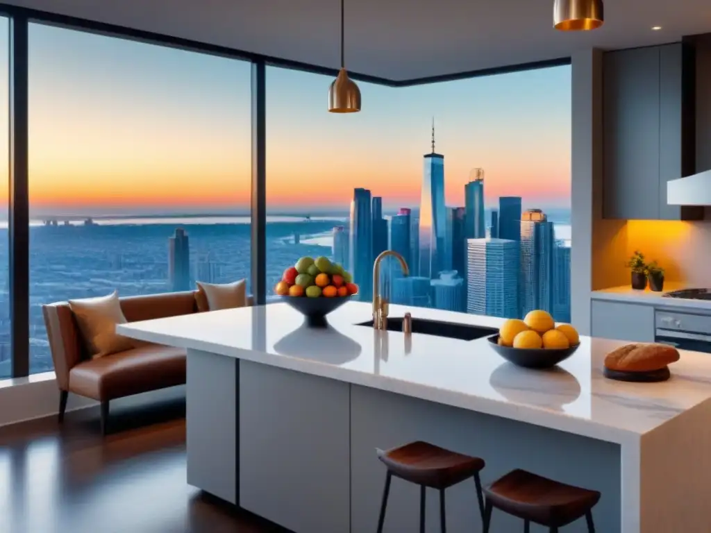 Cocina de lujo con vistas a la ciudad al atardecer Cocina de lujo en propiedad inmobiliaria, con electrodomésticos de acero inoxidable y vistas a la ciudad al atardecer