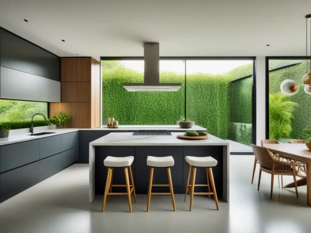Cocina contemporánea con vistas a jardín exuberante Cocina moderna con electrodomésticos de acero inoxidable, encimera de mármol y vistas al jardín