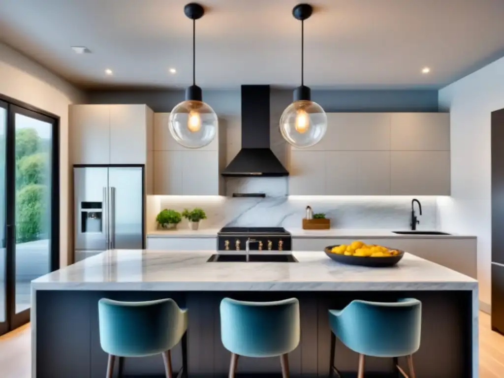 Renovación de cocina moderna: mármol lujoso y diseño funcional Una cocina moderna y elegante con encimeras de mármol, electrodomésticos de última generación y una iluminación refinada