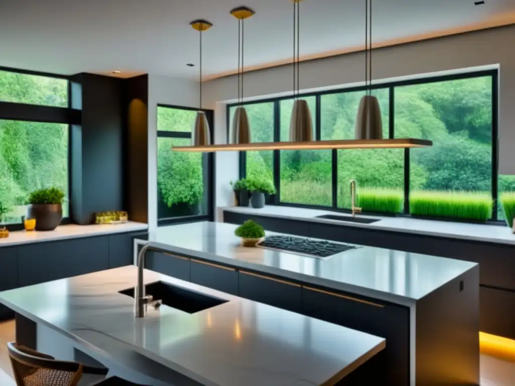 Renovación de cocina moderna con vistas a jardín verde Cocina moderna con isla, electrodomésticos de acero inoxidable y encimeras de mármol