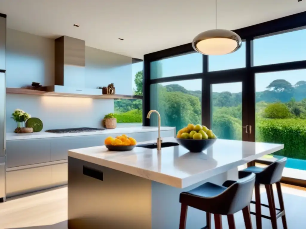 Cocina moderna de lujo con vistas al jardín y piscina Una cocina moderna de lujo con electrodomésticos de acero inoxidable, encimeras de mármol y una isla grande con taburetes de diseño