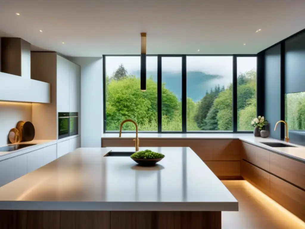 Cocina de lujo moderna: elegancia y funcionalidad en armonía Una cocina moderna de lujo con elegantes encimeras, electrodomésticos de última generación y una isla espaciosa, bañada por luz natural desde grandes ventanas con vista a un exuberante jardín