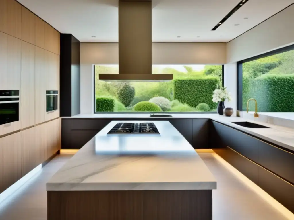 Cocina de lujo con vista al jardín en 8k Una cocina moderna de lujo con vista a un jardín verde, iluminada por luz natural