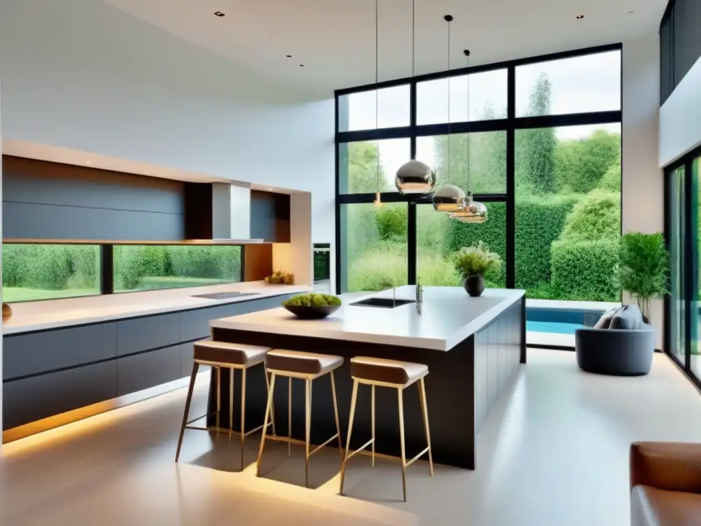 Cocina moderna de lujo con vista a piscina y jardín Una cocina moderna de lujo con vistas a un exuberante jardín y piscina