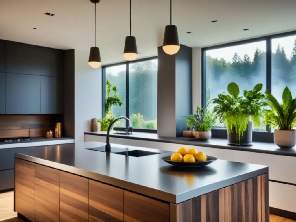 Cocina de diseño sostenible: lujo ecoamigable Cocina moderna y lujosa en una casa certificada verde, con electrodomésticos eficientes y materiales ecológicos