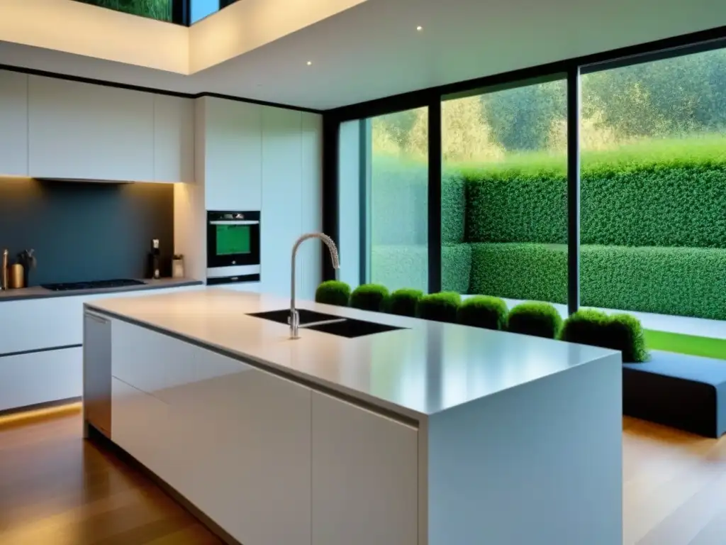 Cocina moderna en propiedad restaurada: diseño contemporáneo y luminosidad Cocina moderna en propiedad restaurada con electrodomésticos de acero inoxidable y ventana panorámica al jardín