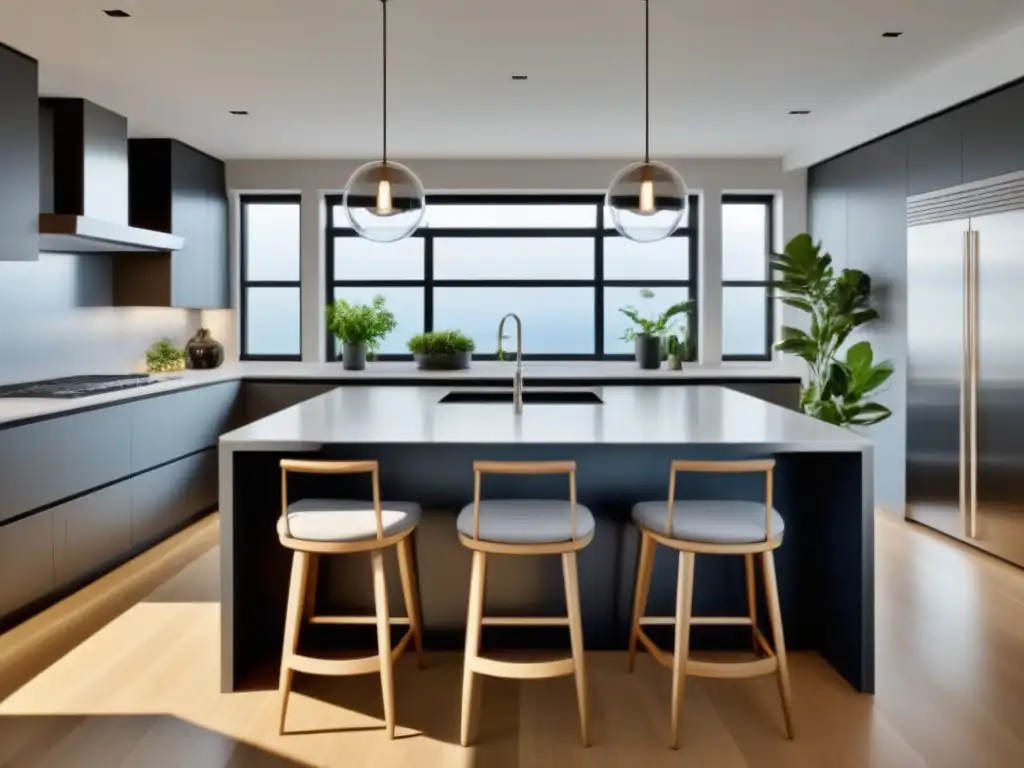 Modernidad y lujo: Renovación de cocina impactante Cocina moderna renovada con luces naturales, isla elegante y plantas verdes