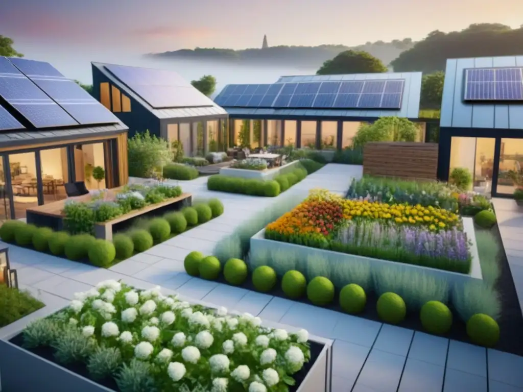 Coliving sostenible: comunidad verde y moderna en armonía Un coliving sostenible con jardines y paneles solares
