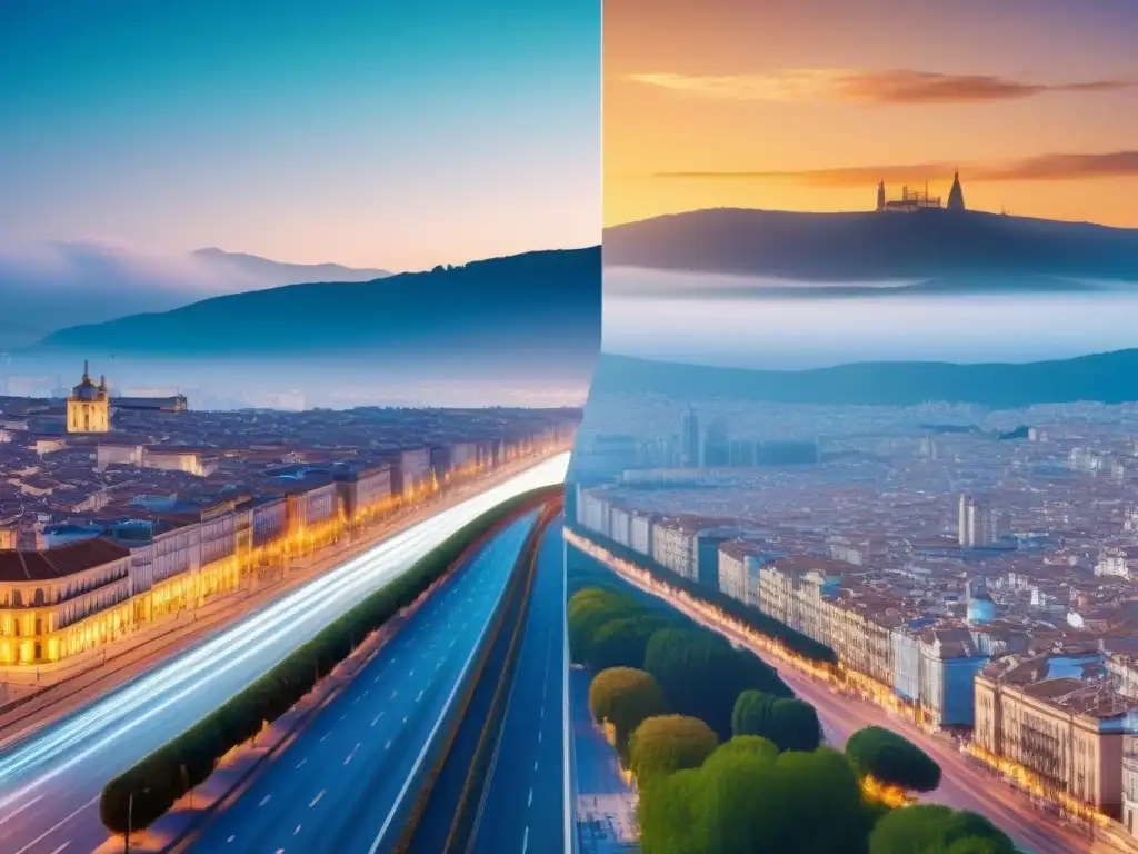 Comparativa ley arrendamientos urbanos: pasado vs futuro en España Una comparación visual entre la antigua y nueva legislación de arrendamientos urbanos en España, fusionando lo tradicional con lo moderno