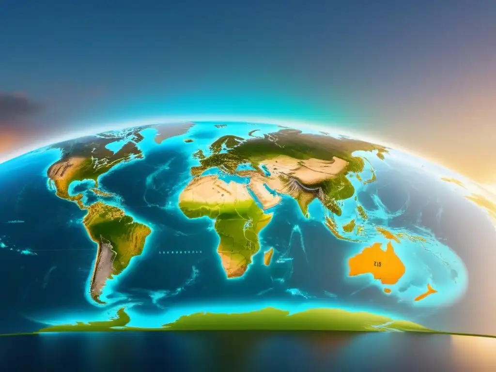 Mapa global de transacciones inmobiliarias: ilustración detallada y moderna Compleja ilustración digital de un mapa global con transacciones inmobiliarias internacionales y formularios de impuestos