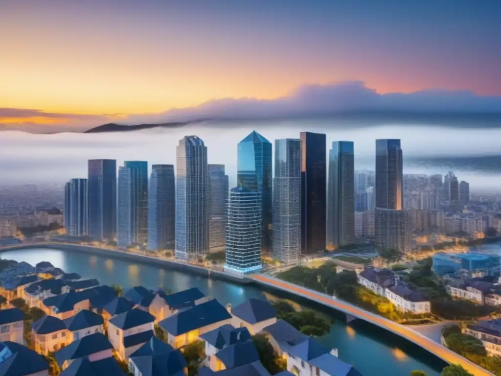 Interés y valor inmobiliario: efecto visual de la conexión Compleja ilustración de la relación entre tasas de interés y valores inmobiliarios en una ciudad diversa