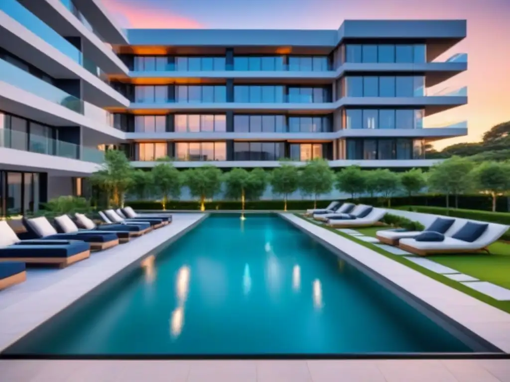 Edificio de apartamentos de lujo al atardecer: sofisticación y elegancia Complejo de apartamentos de lujo al atardecer, reflejando elegancia y sofisticación