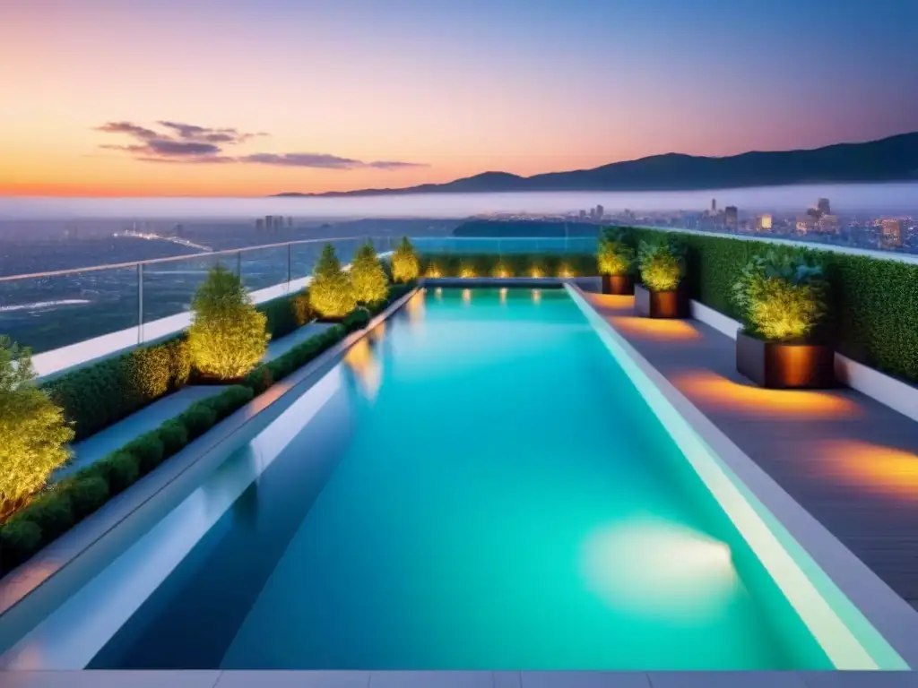 Complejo de lujo con piscina en azotea al atardecer Complejo de apartamentos moderno al atardecer con terraza de lujo y piscina, ideal para estrategias inversión propiedades alquiler