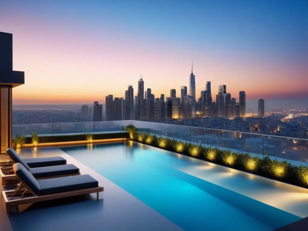 Residencial de lujo con vistas panorámicas de ciudad al atardecer Complejo de apartamentos moderno y lujoso con terrazas elegantes y vistas a la ciudad al atardecer