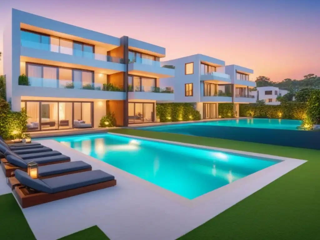 Exclusivo complejo de apartamentos modernos entre naturaleza y lujo Un complejo de apartamentos moderno y lujoso rodeado de vegetación exuberante y una piscina reluciente al atardecer