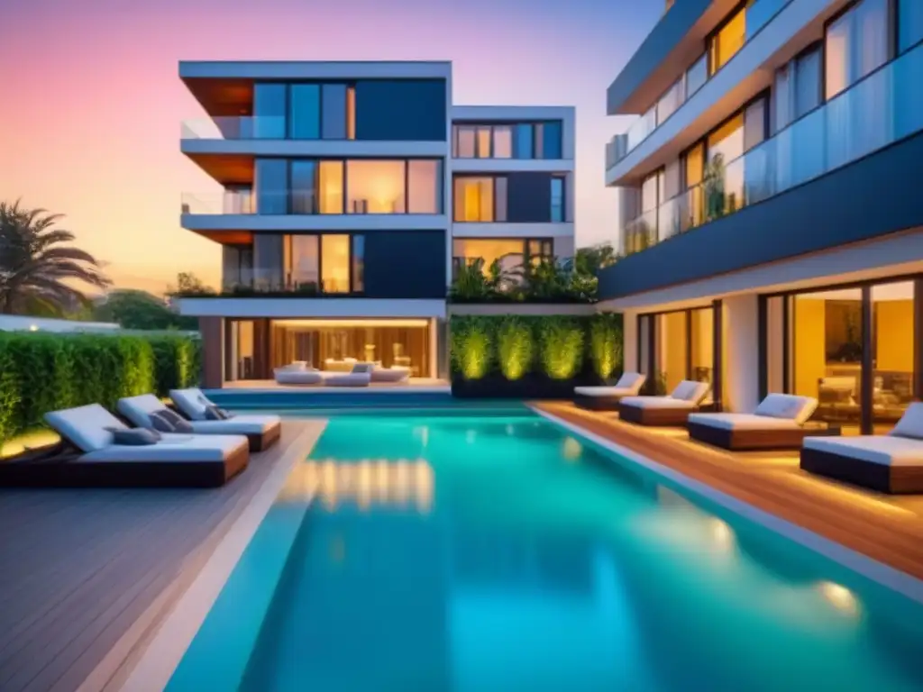 Complejo de lujo con diseño moderno y piscina al atardecer Un complejo de apartamentos moderno y lujoso rodeado de vegetación, con piscina y muebles elegantes al atardecer