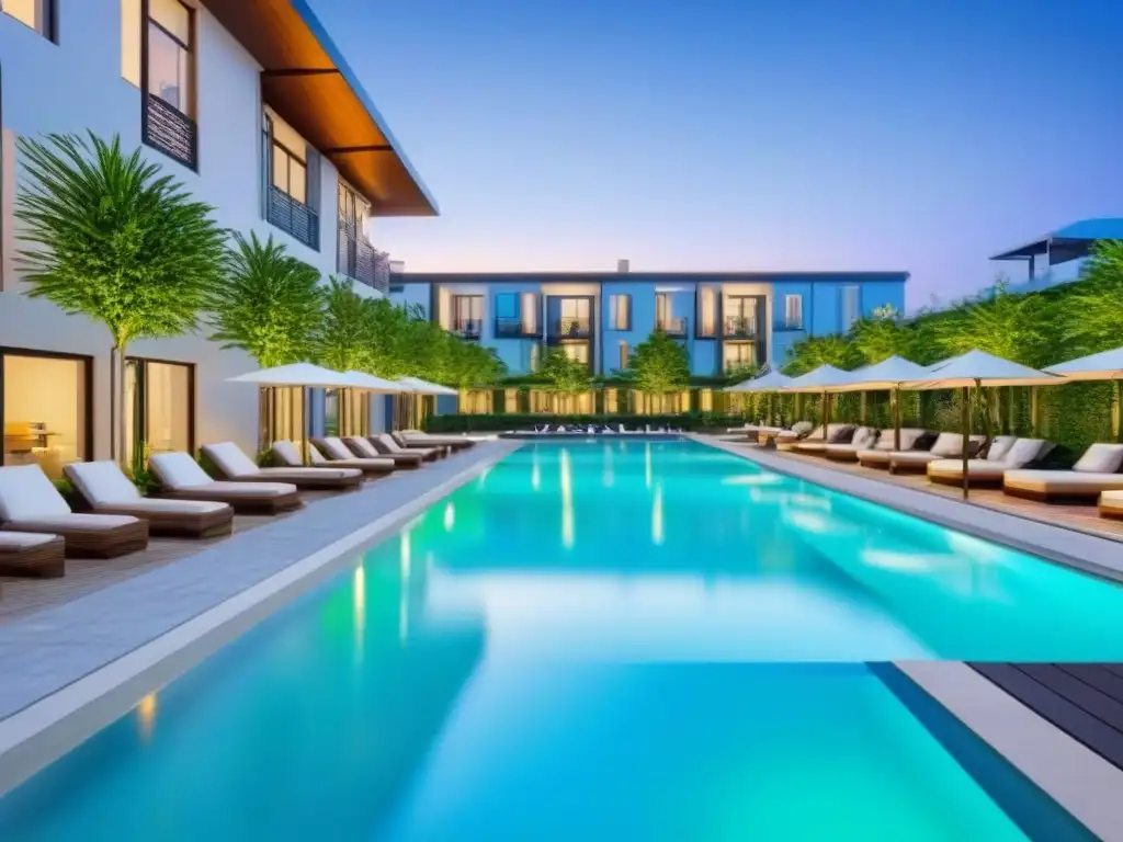 Complejo residencial moderno de lujo en entorno natural Un complejo de apartamentos moderno y lujoso rodeado de vegetación exuberante y una piscina reluciente