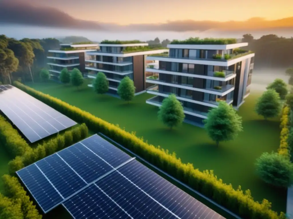 Complejo de apartamentos sostenible: diseño moderno y verde en 8k Un complejo de apartamentos moderno rodeado de áreas verdes y paneles solares, innovando en inversiones inmobiliarias sostenibles rentables